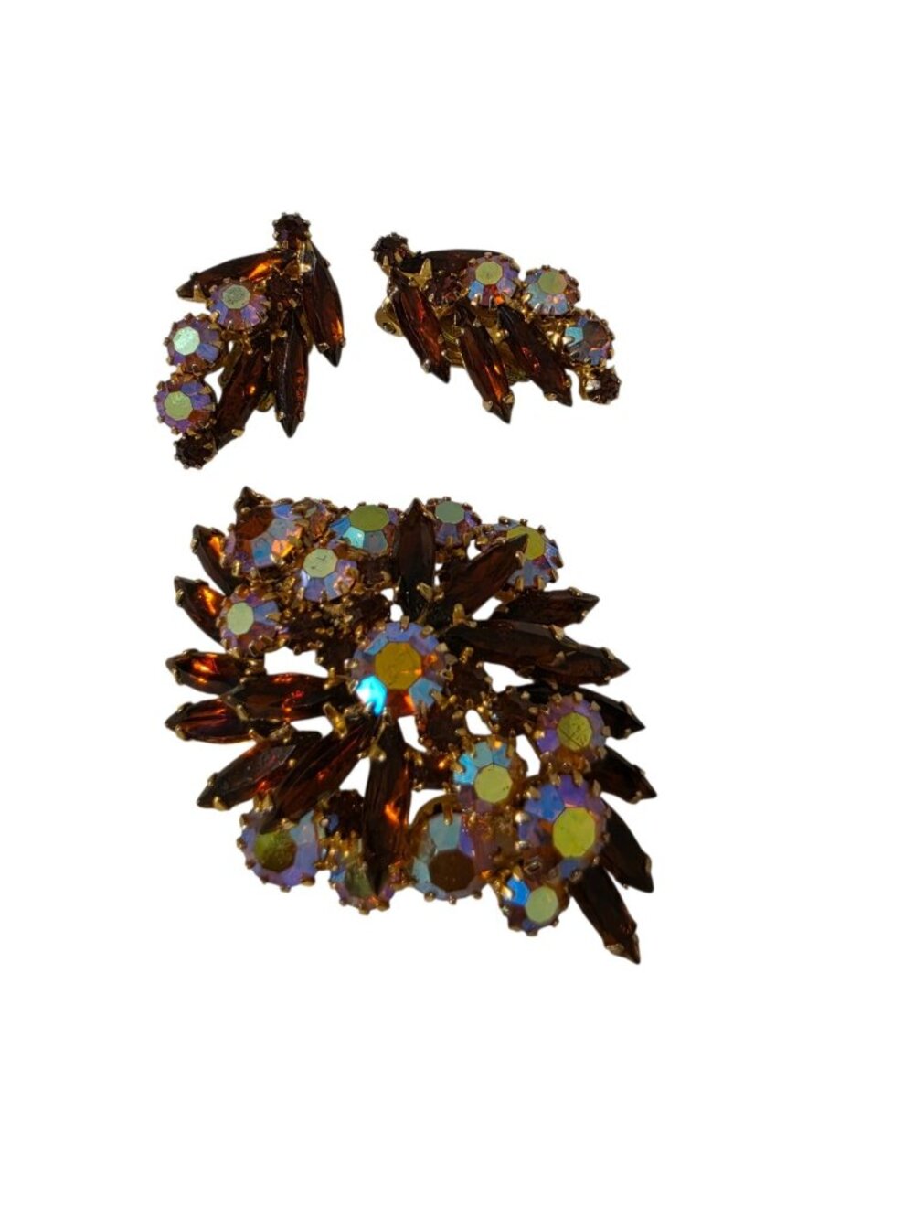 Juliana D&E Rhinestone Brooch Earrings Set Amber Brown AB Navette Vintage
